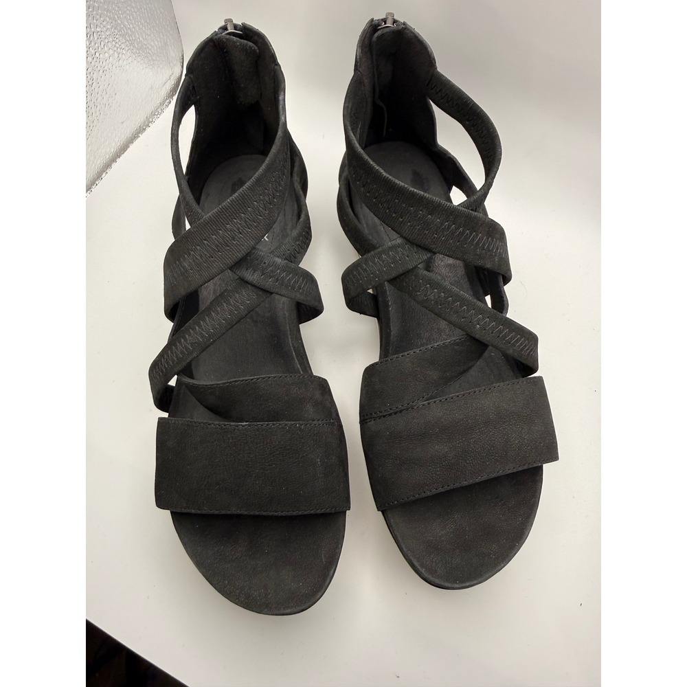 Eileen Fisher Sport Sandals Womens 7 Black Leather‎ Crisscross Platform Zip Up